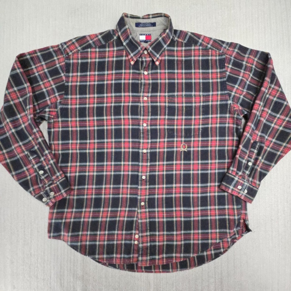 Vintage Tommy Hilfiger Shirt Mens XL Black Red Tartan Flannel Crest Logo Y2K 90s